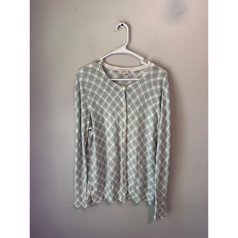 Loft Outlet Sage Green Plaid V-Neck Button Front Cardigan Sweater XL